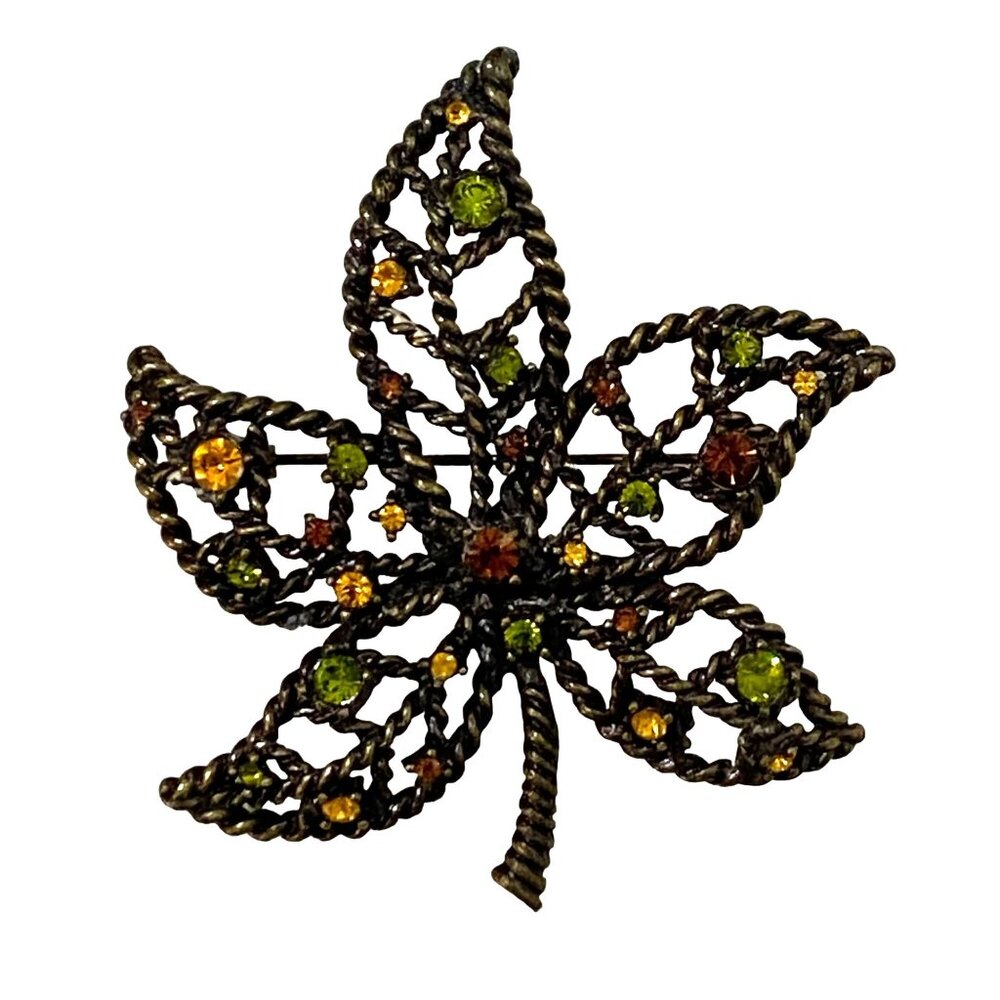 Vintage 80s Avon Nina Ricci Maple Leaf Rhinestone Brooch 2.5" Brownish Gold Tone